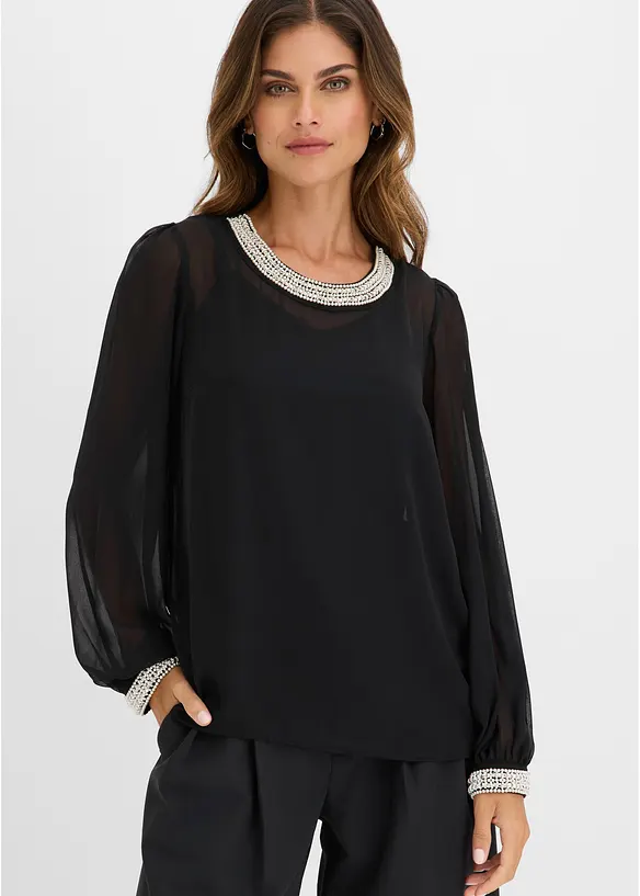Chiffonbluse mit Strasssteinverzierungen in schwarz von vorne (im Anschnitt) - bonprix