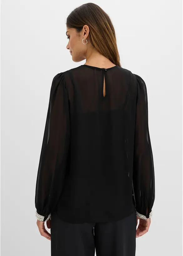 Chiffonbluse mit Strasssteinverzierungen in schwarz von hinten (im Anschnitt) - bonprix
