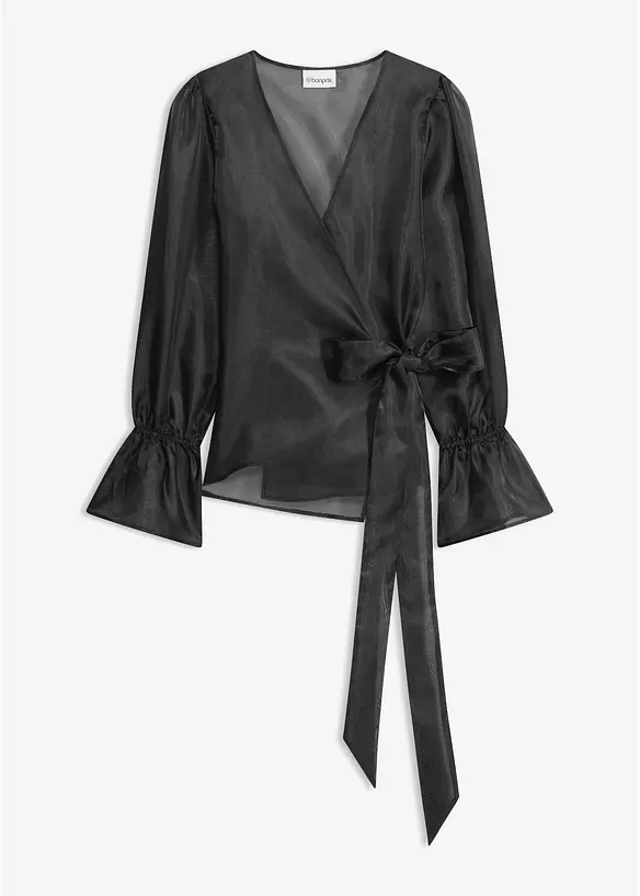 Bluse aus glänzendem Tüll in schwarz von vorne - bonprix