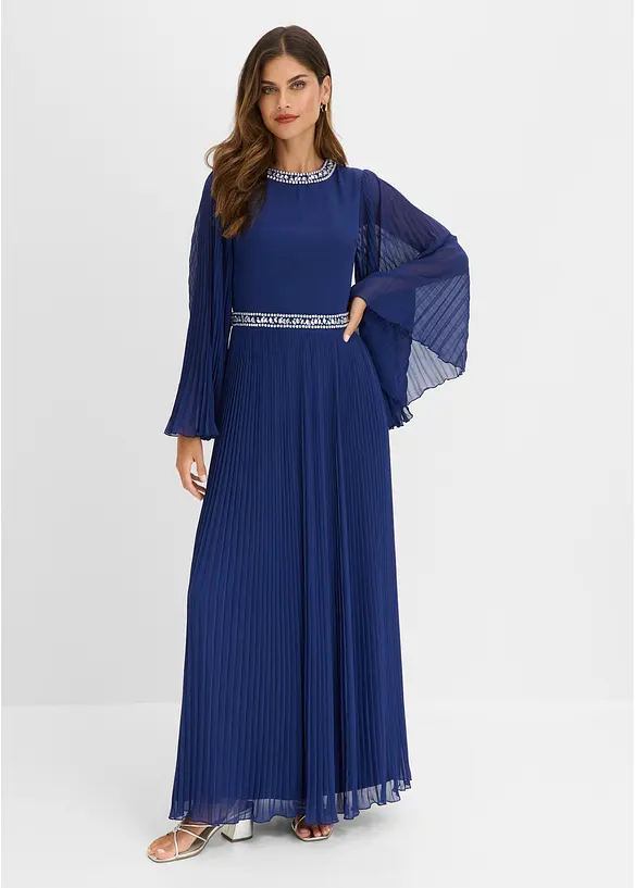 Abendkleid mit Plisseé und Strasssteinverzierung in blau von vorne (Totalaufnahme) - bonprix