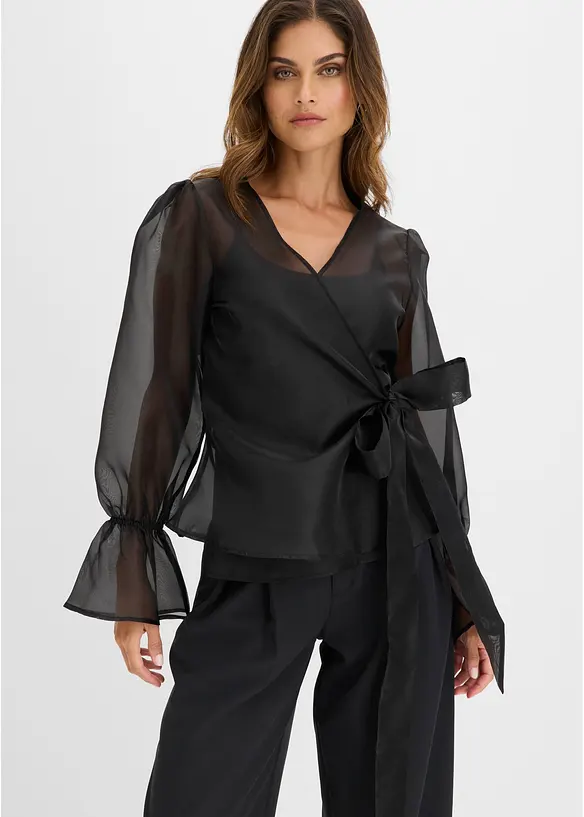 Bluse aus glänzendem Tüll in schwarz von vorne (im Anschnitt) - bonprix