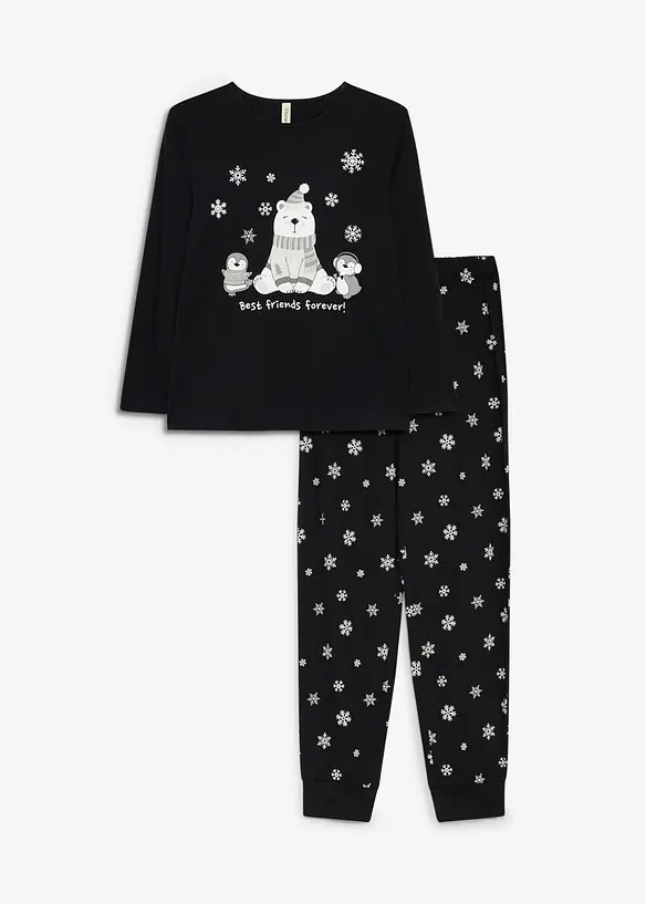 Pyjama aus reiner Baumwolle mit Schlafmaske in schwarz von vorne - bonprix