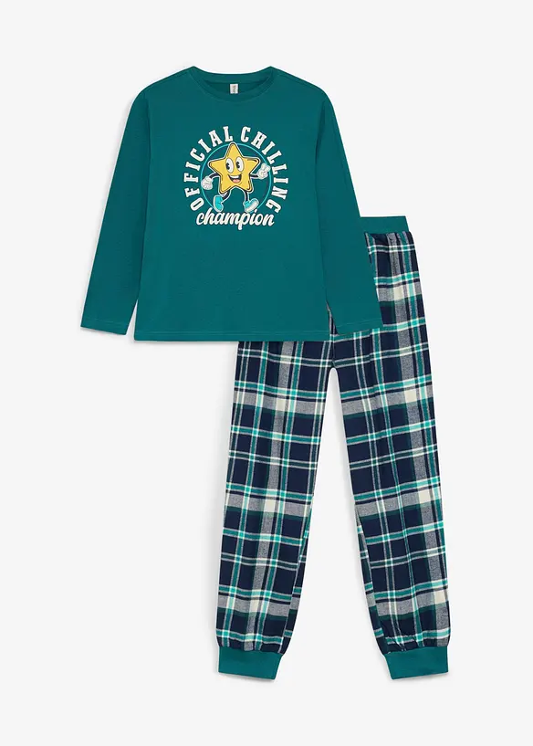 Kinder Pyjama mit Flanellhose  (2-tlg. Set) in petrol von vorne - bonprix