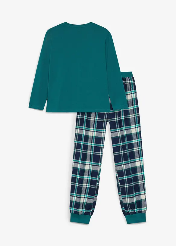 Kinder Pyjama mit Flanellhose  (2-tlg. Set) in petrol von hinten - bonprix