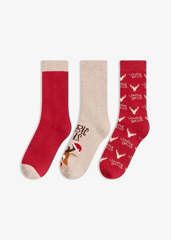 Thermo Socken mit Weihnachtsmotiv und Innenfrottee (3er Pack) in rot von vorne - bonprix