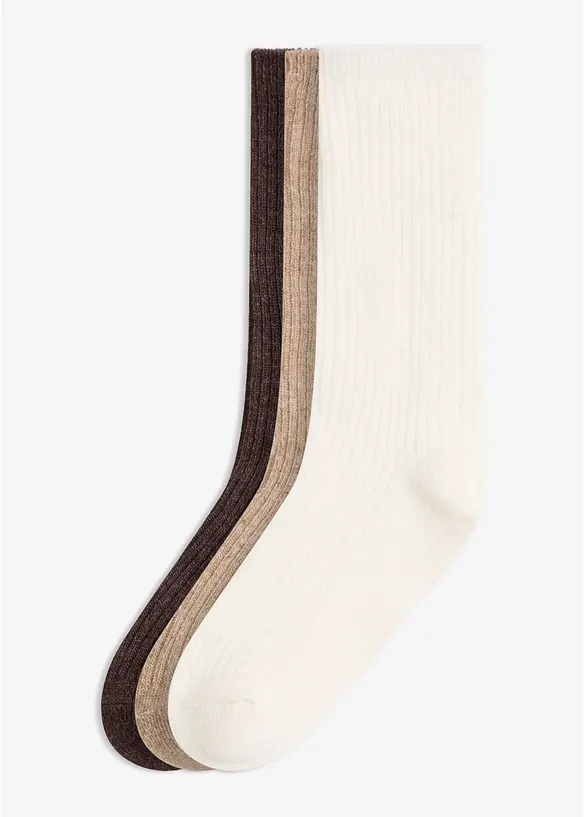 Gerippte Socken aus wärmenden Wollmix (3er Pack) in beige von vorne - bonprix