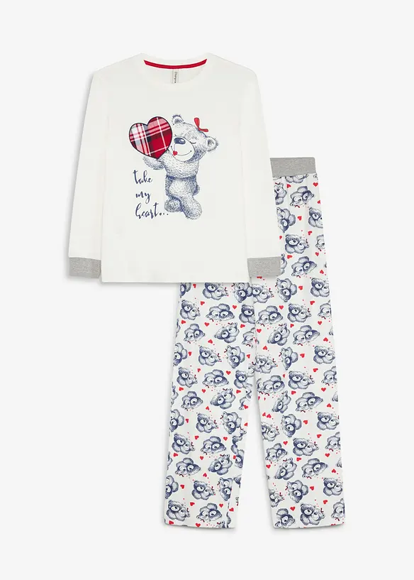 Pyjama aus reiner Bio-Baumwolle mit Flanellapplikation (2-tlg. Set) in weiß von vorne - bonprix