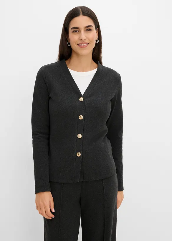 Cardigan aus weichem Rippjersey in schwarz von vorne (im Anschnitt) - bonprix