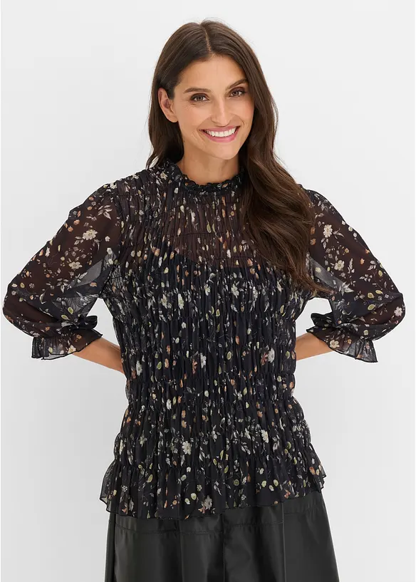 Shirtbluse aus feinem Mesh in schwarz von vorne (im Anschnitt) - bonprix