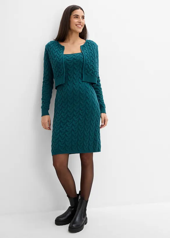 Strickkleid mit angesetztem Bolero - 2 in 1 Optik in petrol von vorne (Totalaufnahme) - bonprix Strickkleid mit angesetztem Bolero - 2 in 1 Optik in petrol von vorne (Totalaufnahme) - bonprix