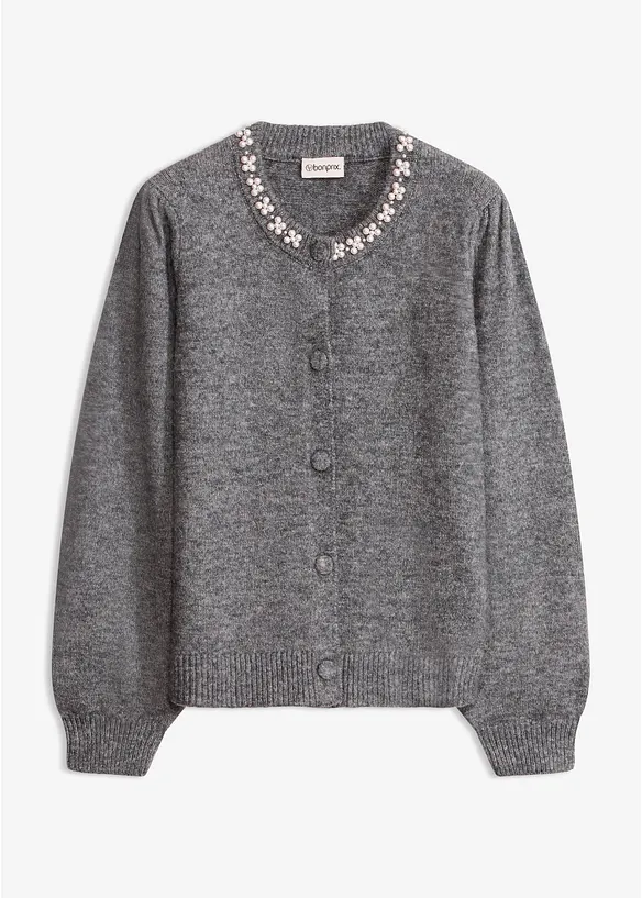 Strickjacke mit Puffärmeln in grau von vorne - bonprix