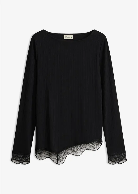 Langarmshirt mit Spitzensaum in schwarz von vorne - bonprix