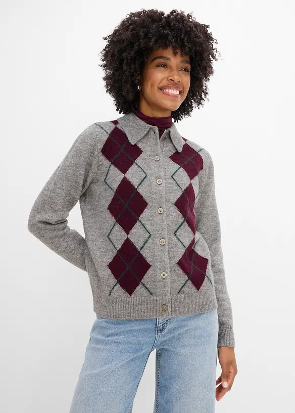 Strickjacke mit Polokragen in grau von vorne (im Anschnitt) - bonprix