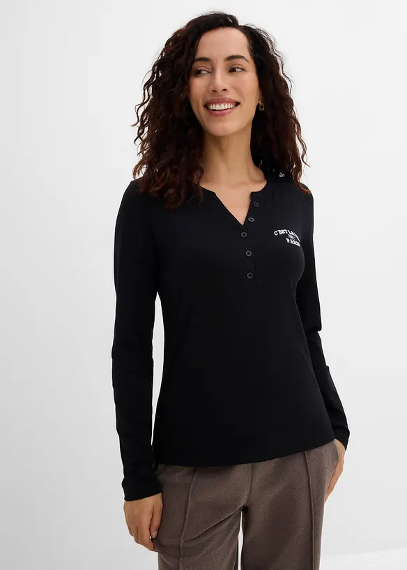 Langarmshirt aus elastischem Bio-Baumwoll-Mix in schwarz von vorne (im Anschnitt) - bonprix