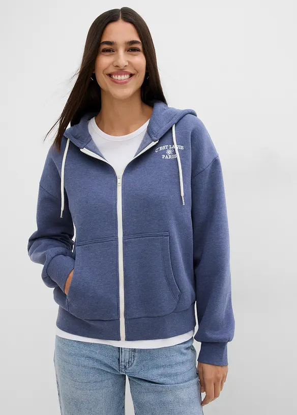 Kapuzen-Sweatjacke aus Bio-Baumwoll-Mix in blau von vorne (im Anschnitt) - bonprix Kapuzen-Sweatjacke aus Bio-Baumwoll-Mix in blau von vorne (im Anschnitt) - bonprix