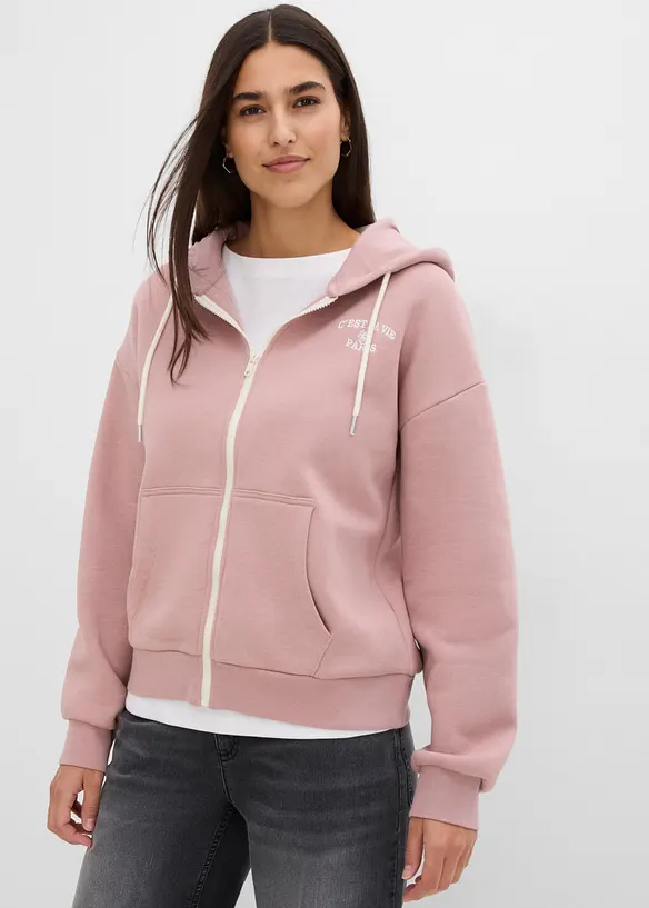 Kapuzen-Sweatjacke aus Bio-Baumwoll-Mix in rosa von vorne (im Anschnitt) - bonprix