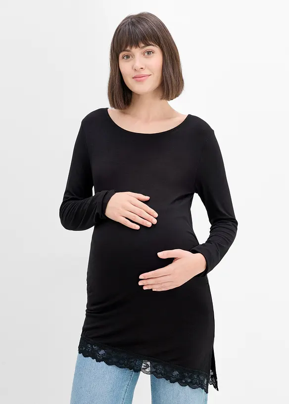elegantes Umstandsshirt mit Spitze am Saum in schwarz von vorne (im Anschnitt) - bonprix