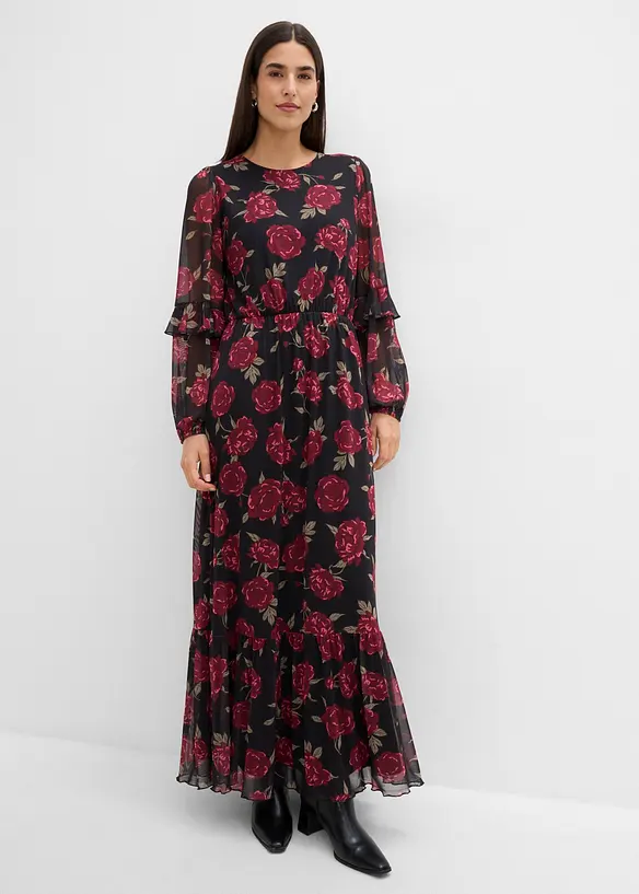 Maxikleid aus softem Mesh in schwarz von vorne (Totalaufnahme) - bonprix