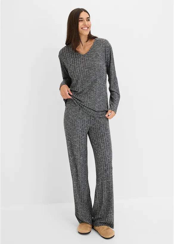Loungewear Hausanzug aus Rippe in schwarz im Look von vorne (Totalaufnahme) - bonprix