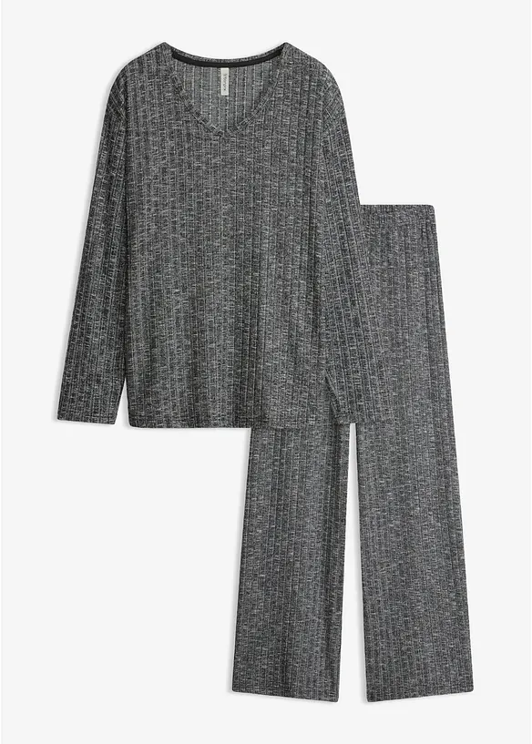 Loungewear Hausanzug aus Rippe in schwarz von vorne - bonprix