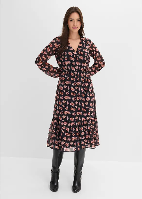 Bedrucktes Midi-Chiffonkleid in schwarz von vorne (Totalaufnahme) - bonprix Bedrucktes Midi-Chiffonkleid in schwarz von vorne (Totalaufnahme) - bonprix