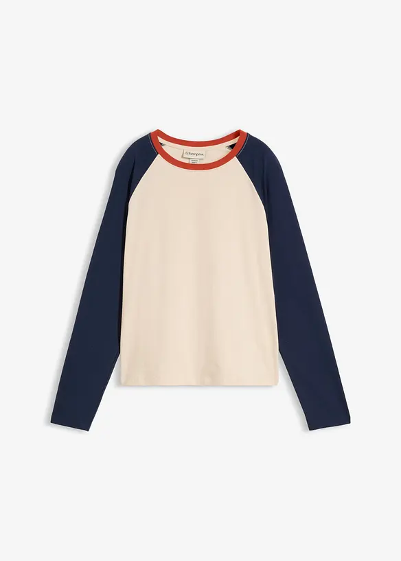 Raglanshirt aus Bio-Baumwoll-Mix in beige von vorne - bonprix
