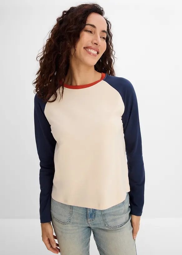 Raglanshirt aus Bio-Baumwoll-Mix in beige von vorne (im Anschnitt) - bonprix