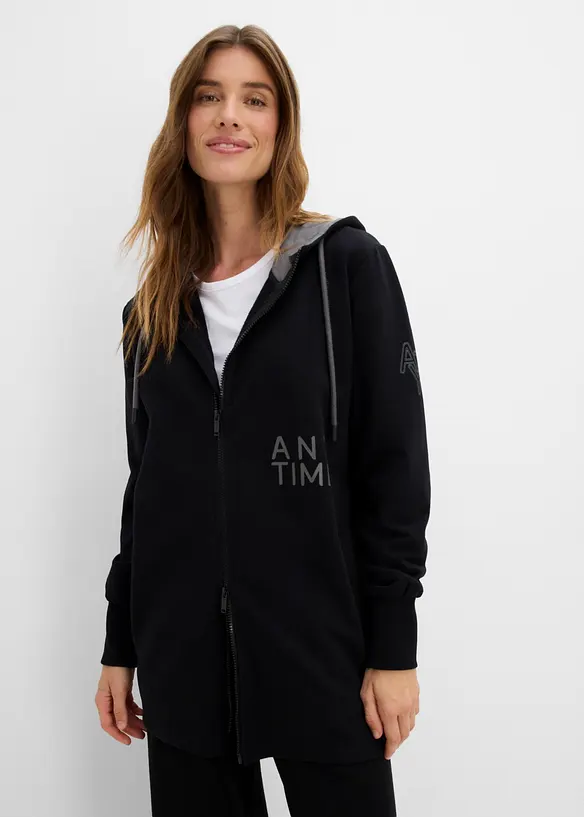 Softe Long-Sweatjacke aus dickem Baumwoll-Mix in schwarz von vorne (im Anschnitt) - bonprix