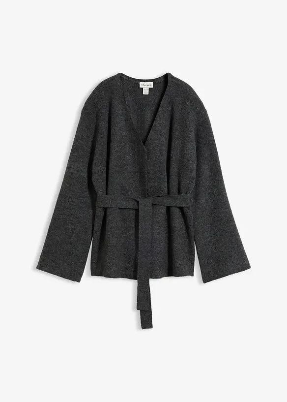 Strickjacke mit Bindegürtel in grau von vorne - bonprix