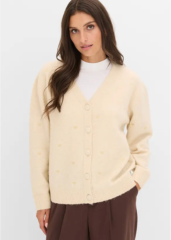 Strickjacke mit Herz-Applikation in beige von vorne (im Anschnitt) - bonprix