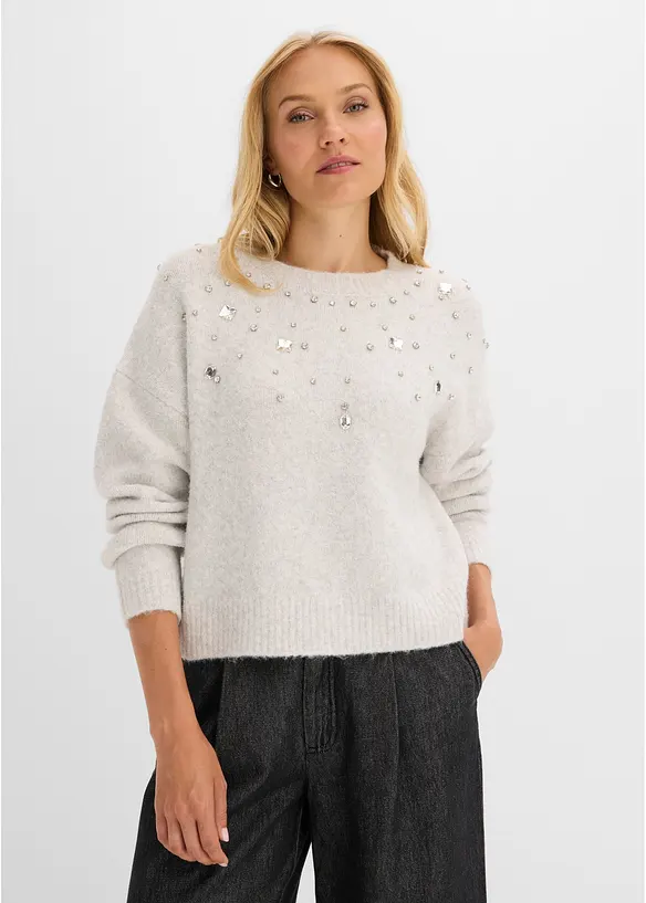 Pullover mit Applikation und Wollanteil in grau von vorne (im Anschnitt) - bonprix