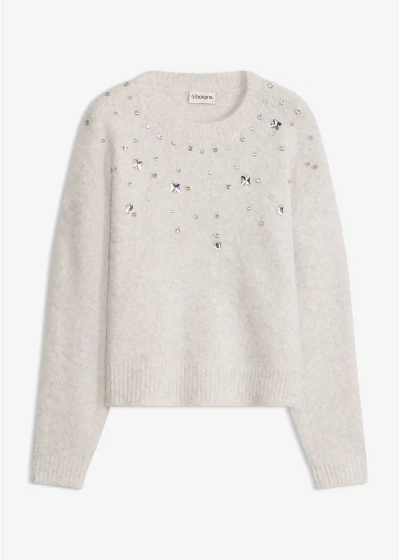 Pullover mit Applikation und Wollanteil in grau von vorne - bonprix