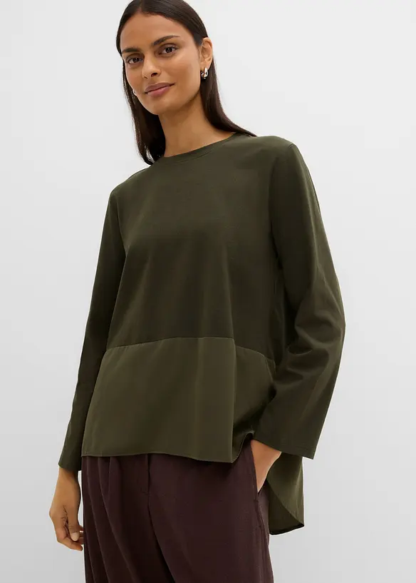 Langarmshirt aus Materialmix in grün von vorne (im Anschnitt) - bonprix Langarmshirt aus Materialmix in grün von vorne (im Anschnitt) - bonprix