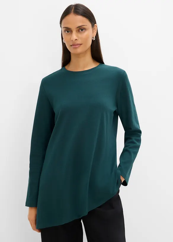 Asymmetrisches Langarmshirt aus reiner Baumwolle in grün von vorne (im Anschnitt) - bonprix