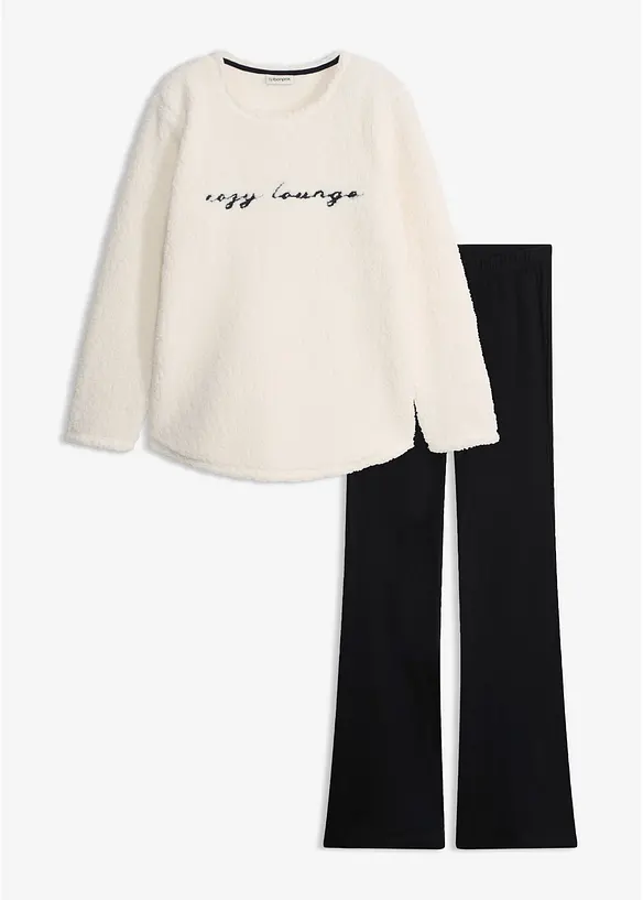 Loungewear Teddyfleece Hausanzug mit Leggings in weiß von vorne - bonprix