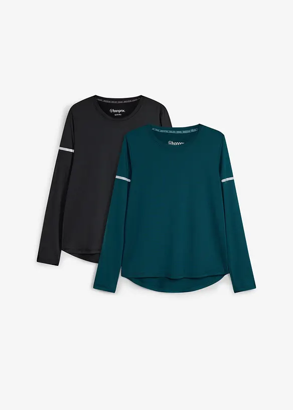 Sport-Shirt mit reflektierenden Details (2er Pack), schnelltrocknend in schwarz von vorne - bonprix