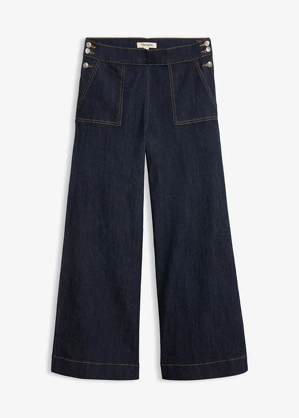 Wide-Leg-Jeans, High Waist mit aufgesetzten Taschen in blau von vorne - bonprix