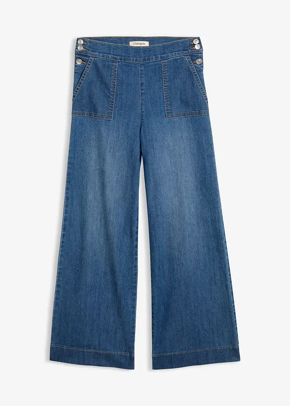 Wide-Leg-Jeans, High Waist mit aufgesetzten Taschen in blau von vorne - bonprix