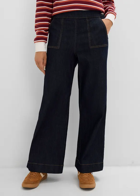 Wide-Leg-Jeans, High Waist mit aufgesetzten Taschen in blau von vorne - bonprix