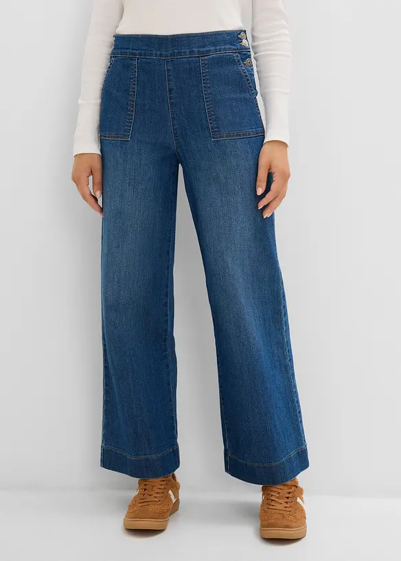 Wide-Leg-Jeans, High Waist mit aufgesetzten Taschen in blau von vorne - bonprix