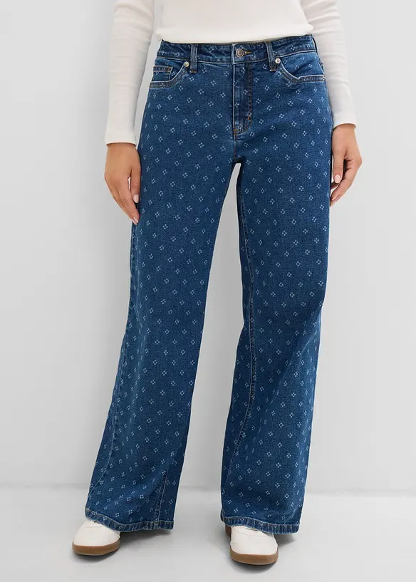 Wide-Leg-Jeans, Mid Waist in blau von vorne - bonprix