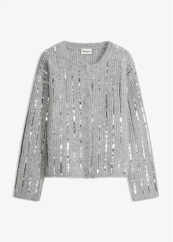 Strickjacke mit Pailletten-Applikation in grau von vorne - bonprix