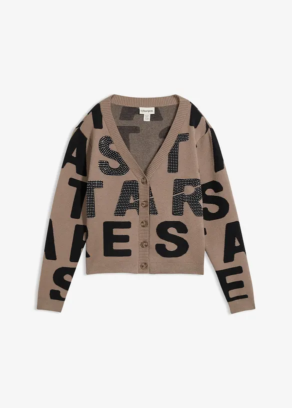 Feinstrickjacke mit Strass-Applikation in braun von vorne - bonprix