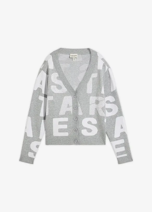Feinstrickjacke mit Strass-Applikation in grau von vorne - bonprix