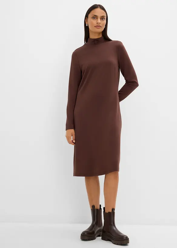 Knielanges Midikleid aus feinem Viskose-Mix in braun von vorne (Totalaufnahme) - bonprix