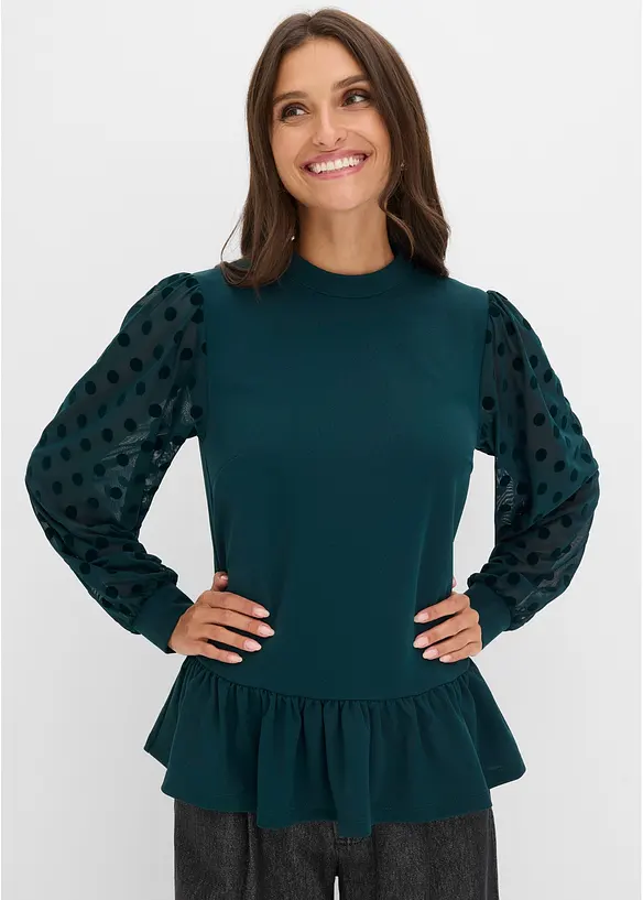 Langarmshirt mit dekorativen Mesh-Ärmeln in grün von vorne (im Anschnitt) - bonprix