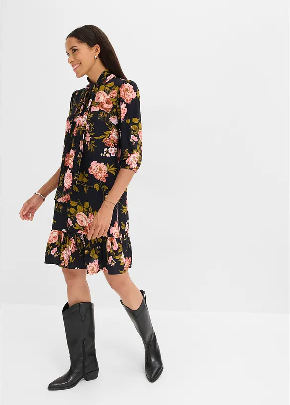 Blusenkleid aus feiner Viskose in schwarz von vorne (Totalaufnahme) - bonprix