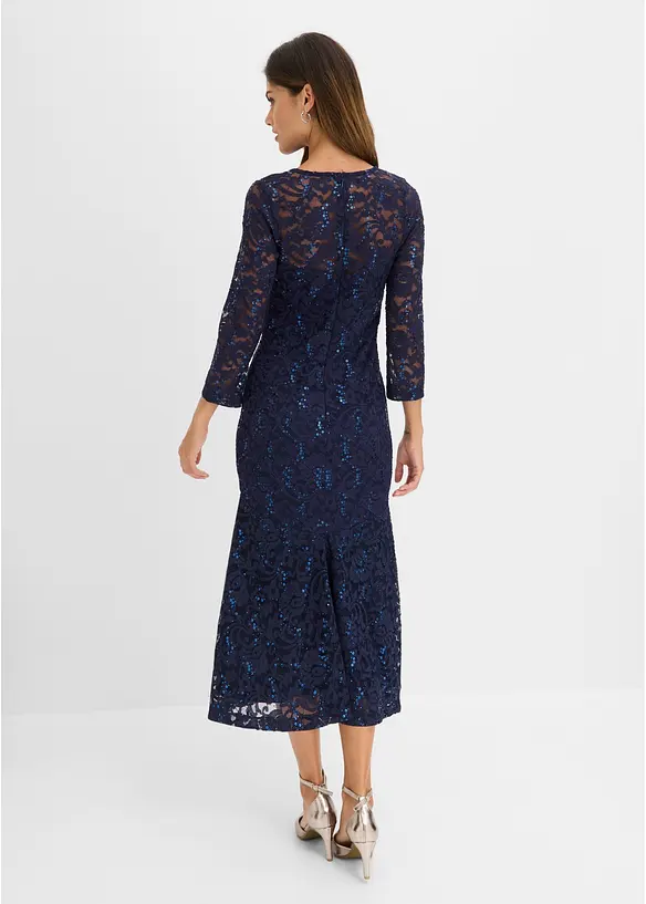 Spitzenkleid mit glänzenden Pailletten in blau von hinten (Totalaufnahme) - bonprix