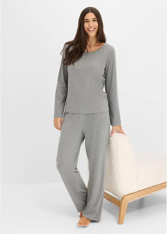 Pyjama aus reiner Baumwolle (2er Pack) in grau im Look von vorne (Totalaufnahme) - bonprix