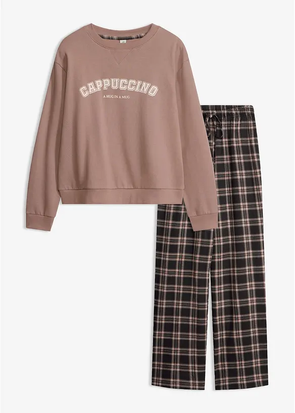 Loungewear Sweat Hausanzug mit Flanellhose in braun von vorne - bonprix